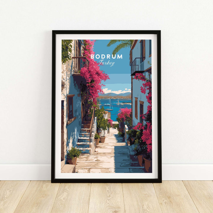 Bodrum Turkey wall art poster featuring vibrant bougainvillea and picturesque coastal views.