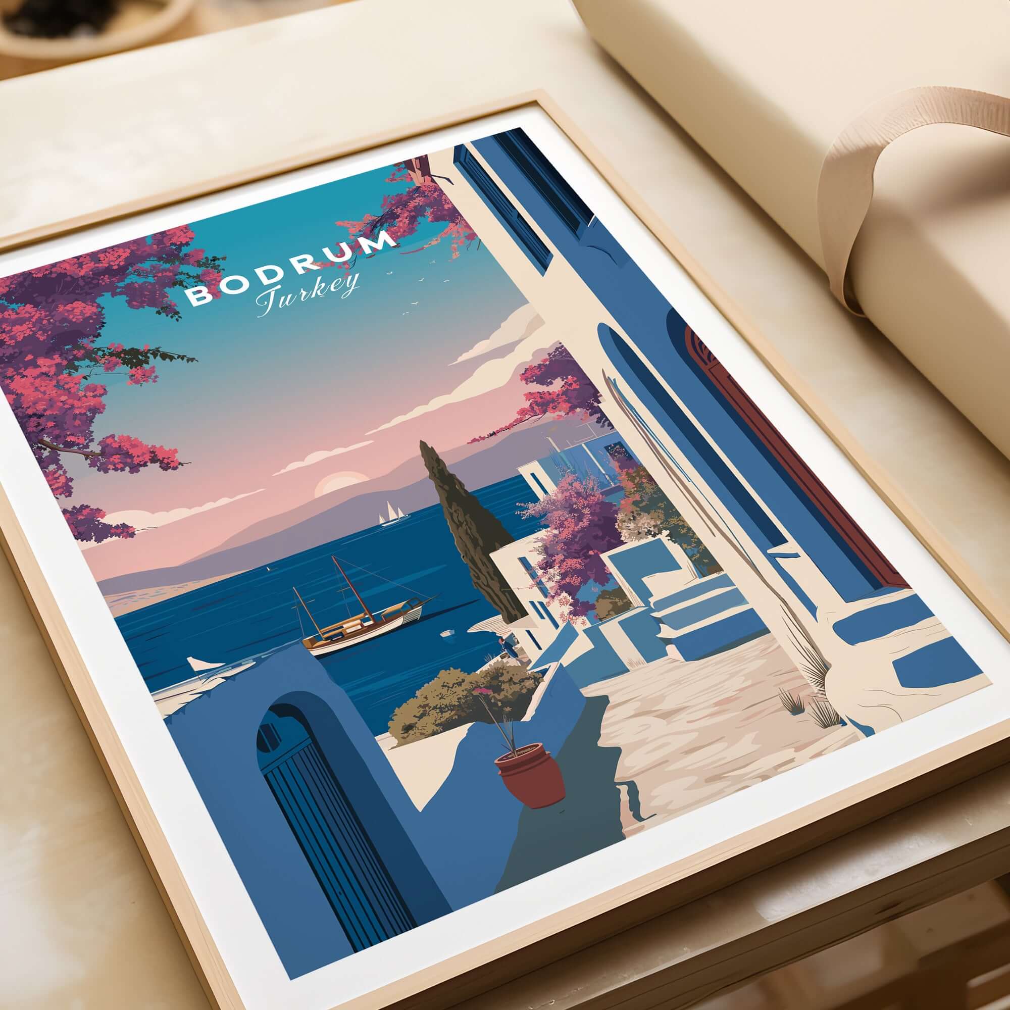 Bodrum Turkey Travel Poster - Aegean Sea Wall Art depicting coastal scenery and vibrant colors.