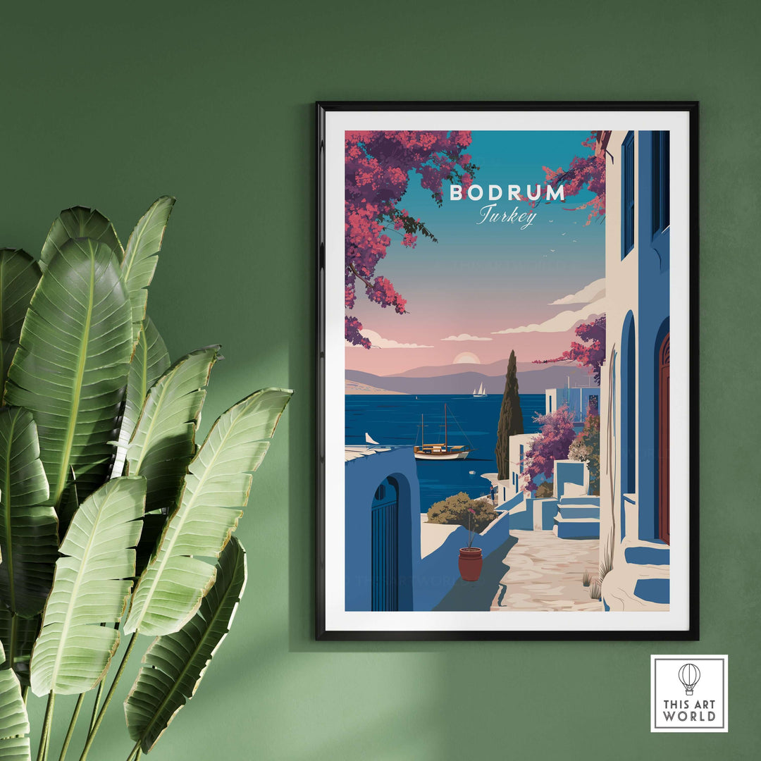 Bodrum Turkey travel poster featuring Aegean Sea view and coastal scenery, perfect wall art for home decor.