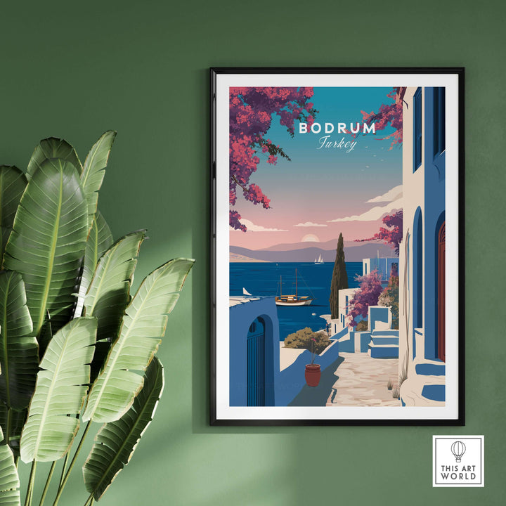 Bodrum Turkey travel poster featuring Aegean Sea view and coastal scenery, perfect wall art for home decor.
