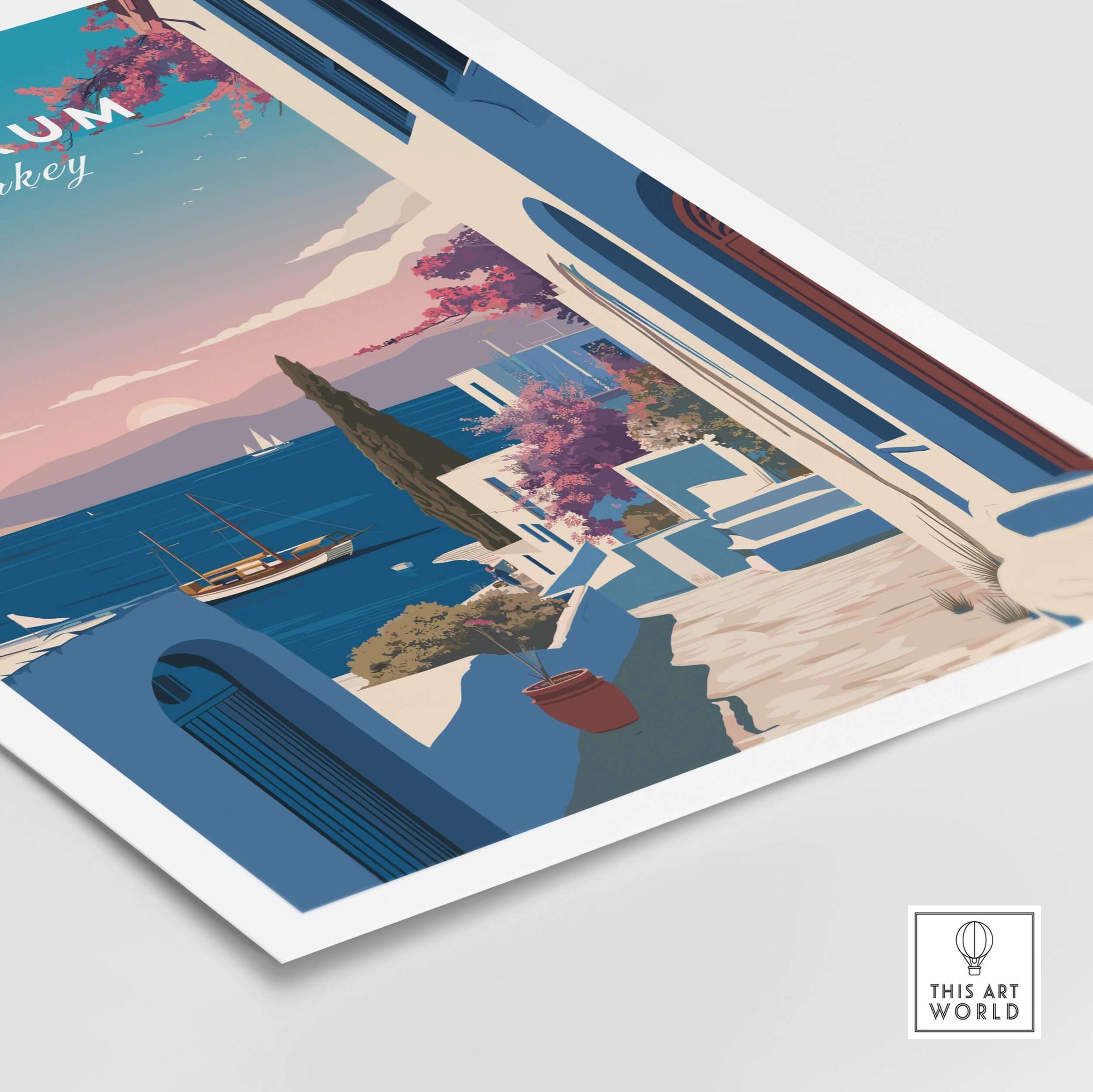 Bodrum Turkey Travel Poster - Aegean Sea Wall Art featuring a coastal view of the Aegean Sea with vibrant colors.