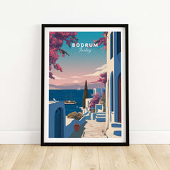 Bodrum Turkey Travel Poster - Aegean Sea Wall Art featuring vibrant colors and a scenic coastal view.