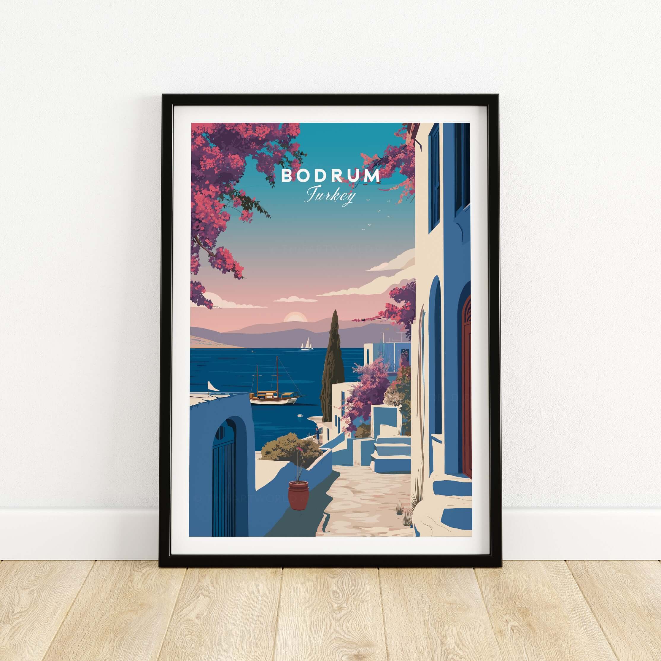 Bodrum Turkey Travel Poster - Aegean Sea Wall Art featuring vibrant colors and a scenic coastal view.