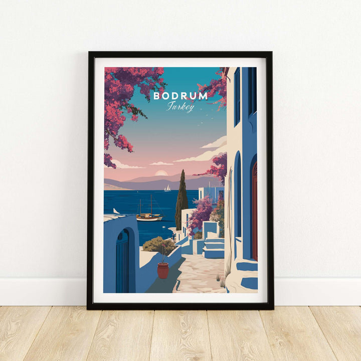 Bodrum Turkey travel poster showcasing Aegean Sea and charming coastal views in vibrant colors.