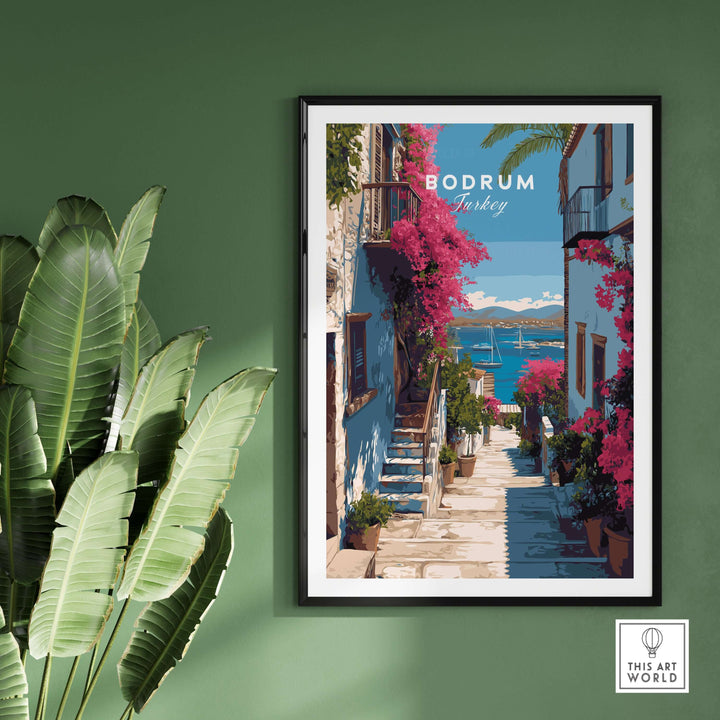 Bodrum Turkey wall art poster featuring vibrant flowers and scenic coastal view.