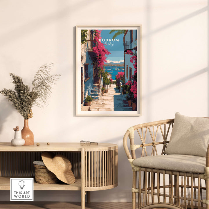 Bodrum Turkey wall art poster displayed in a stylish living room with coastal decor and flowers.