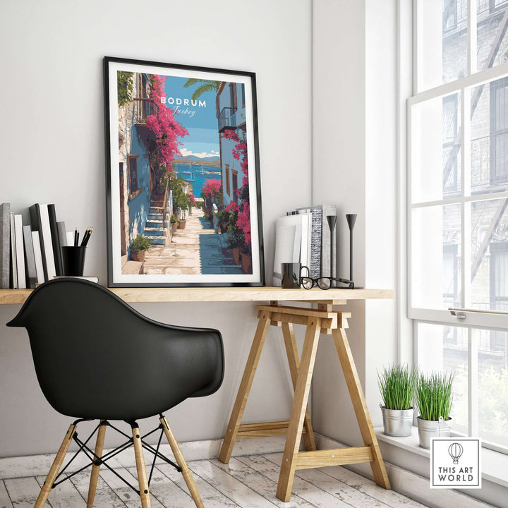 Bodrum Turkey wall art poster displayed in a modern workspace with flowers and bright decor.