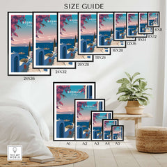 Bodrum Turkey Travel Poster - Aegean Sea Wall Art size guide featuring various frame sizes.