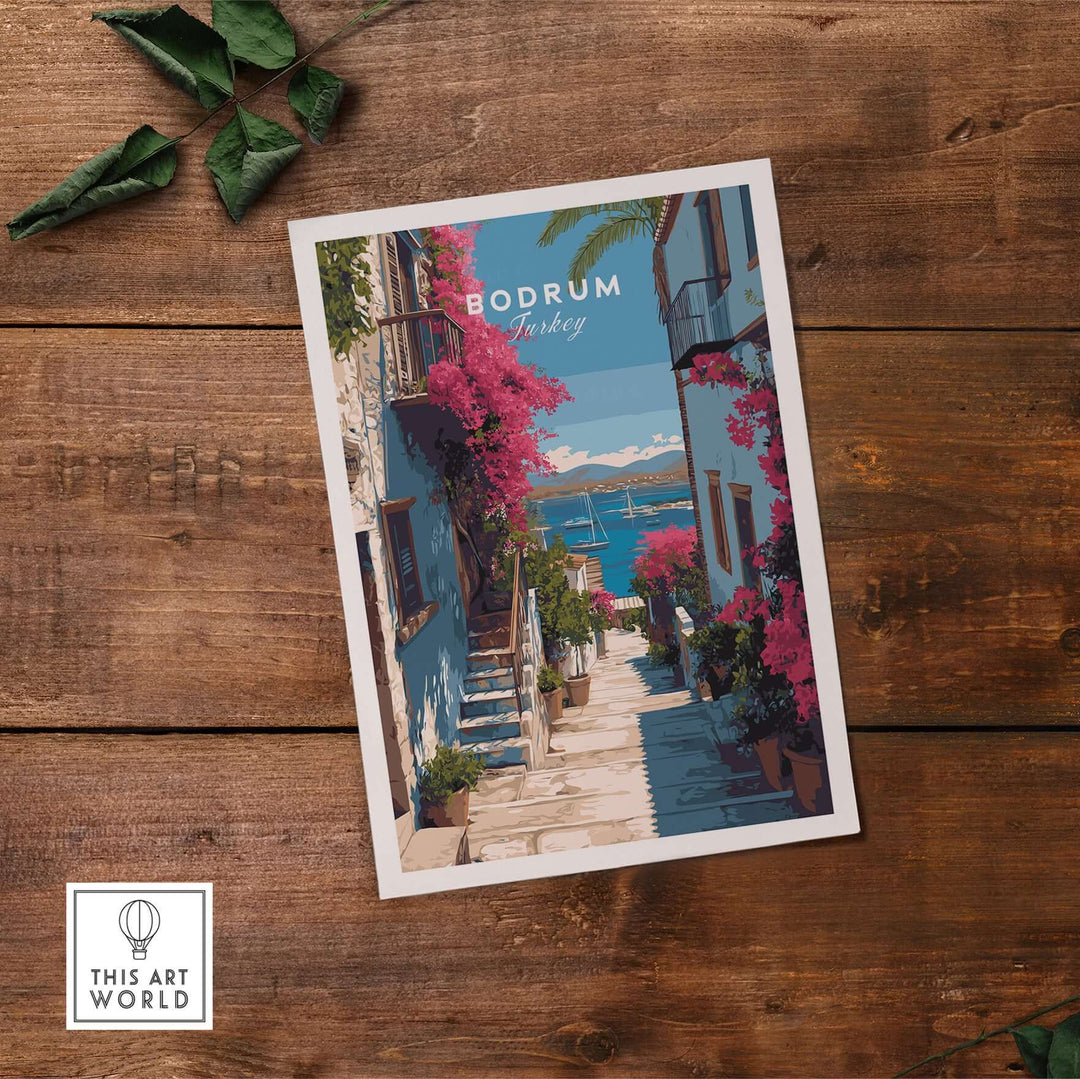Bodrum Turkey wall art poster featuring vibrant flowers and coastal views of the Turkish Riviera.