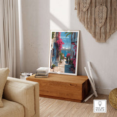 Bodrum Turkey Wall Art - Historic Turkish Riviera Poster displayed in a stylish living room setting.