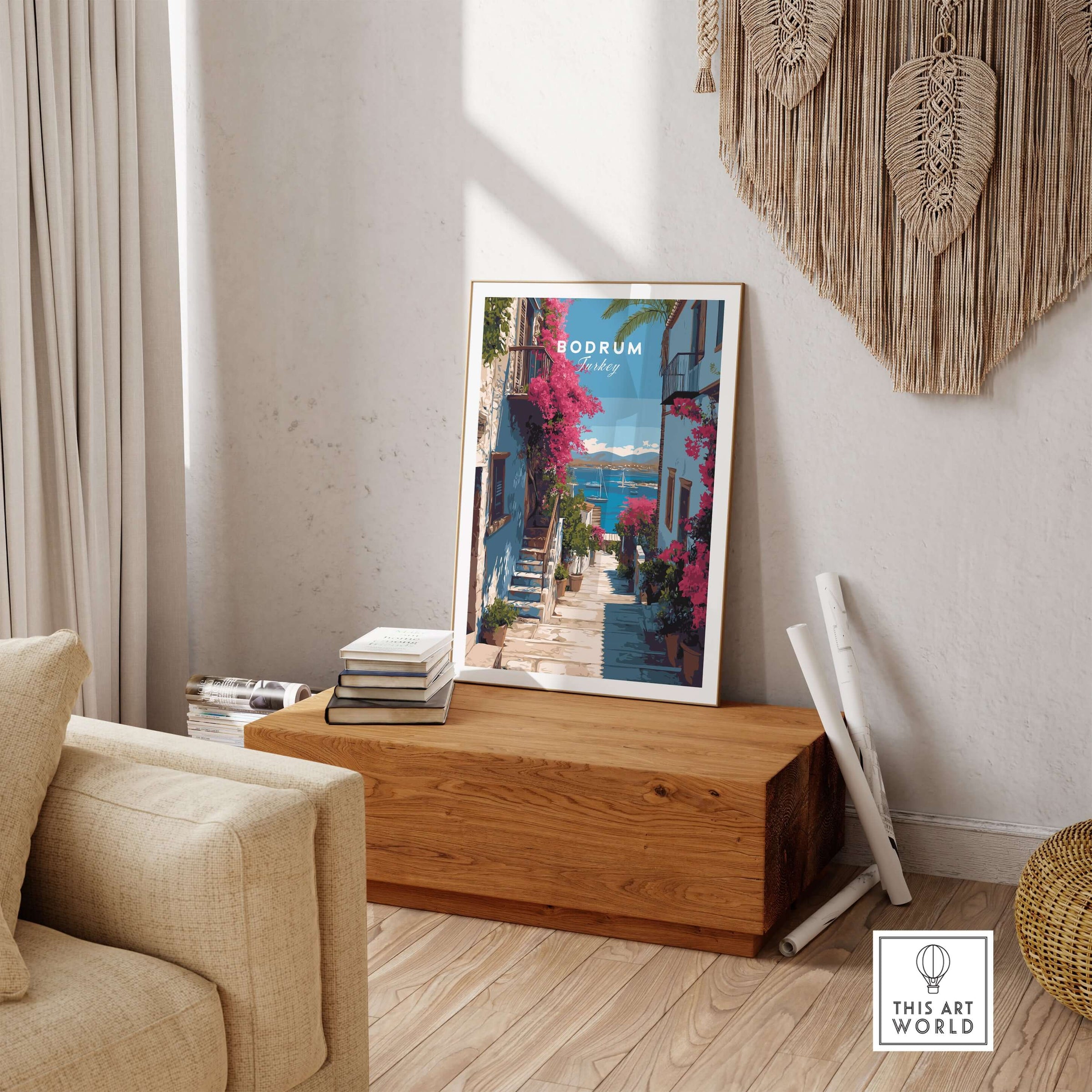 Bodrum Turkey Wall Art - Historic Turkish Riviera Poster displayed in a stylish living room setting.