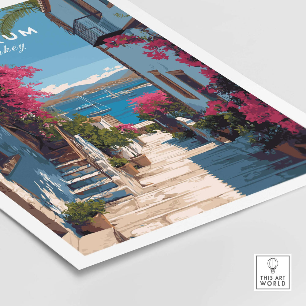Bodrum Turkey wall art poster featuring vibrant bougainvillea and coastal views, ideal for home decor.