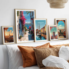 Bodrum Turkey Wall Art - Historic Turkish Riviera Poster displayed in a stylish living room with other travel posters.