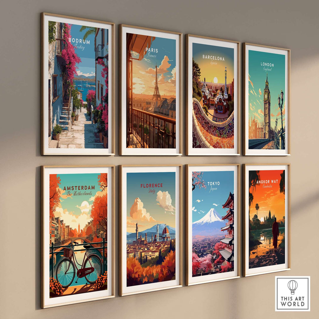 Gallery of international city posters including Bodrum, Paris, Barcelona, London, Amsterdam, Florence, Tokyo, and Angkor Wat.