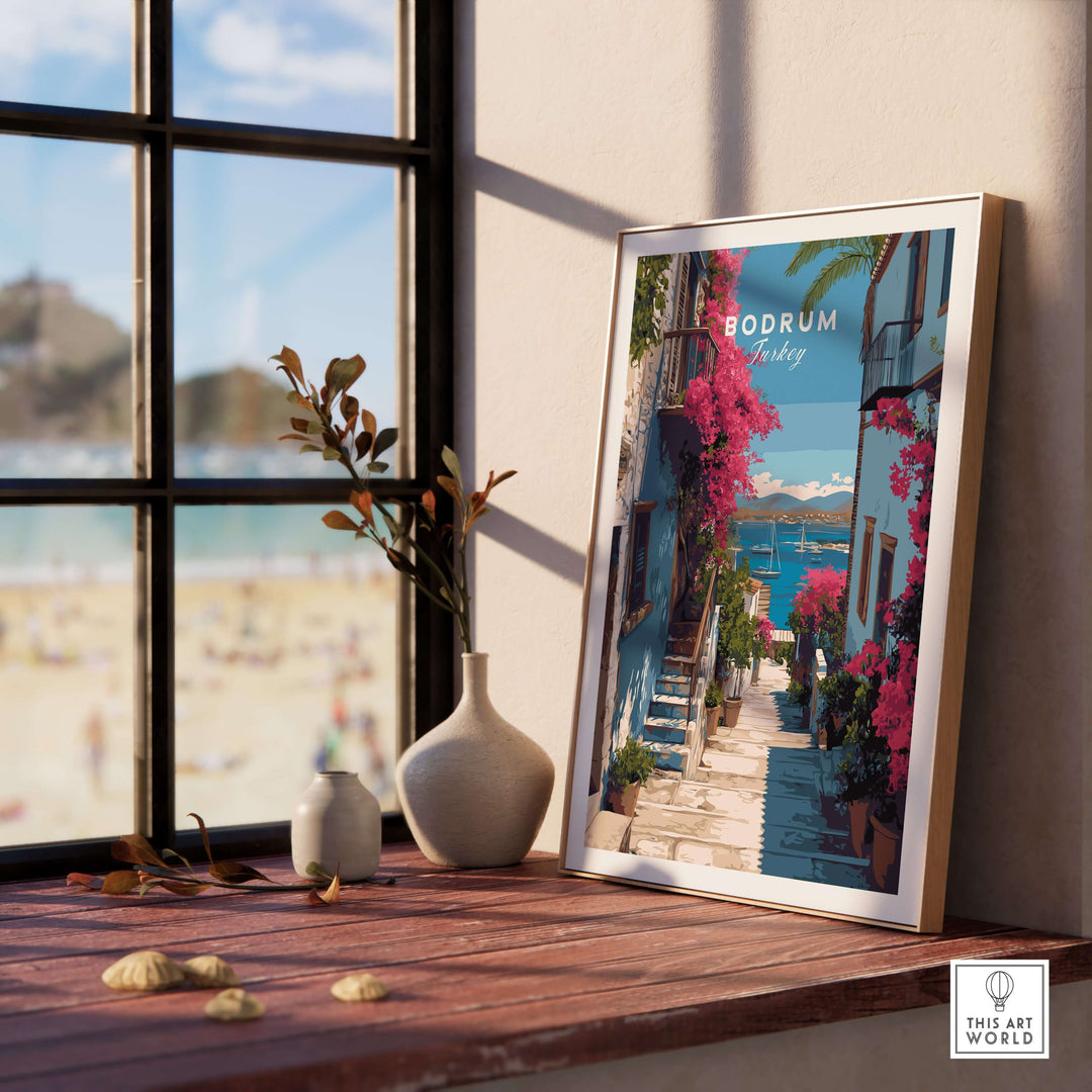 Framed Bodrum Turkey wall art showcasing a picturesque coastal scene with vibrant flowers.