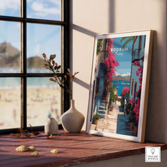 Bodrum Turkey Wall Art - Historic Turkish Riviera Poster displayed in a bright room with a scenic beach view.