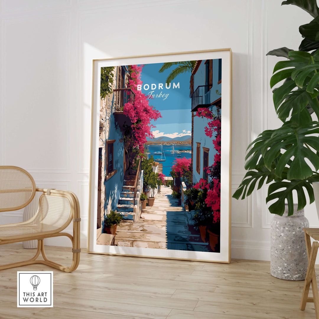 Colorful Bodrum Turkey wall art poster featuring a coastal scene with flowers and boats.