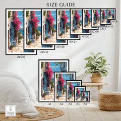 Bodrum Turkey Wall Art - Historic Turkish Riviera Poster size guide with various frame options displayed.