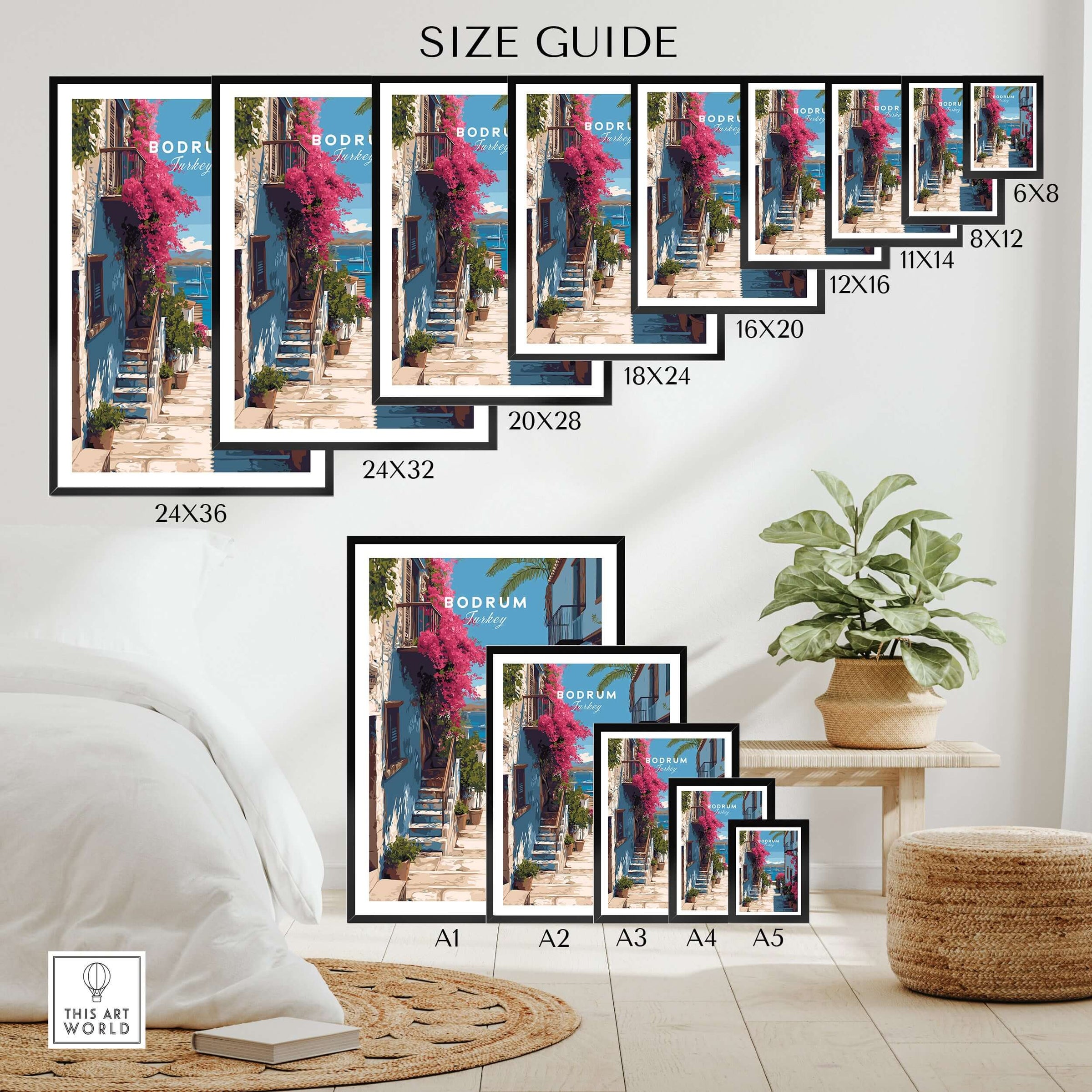 Bodrum Turkey Wall Art - Historic Turkish Riviera Poster size guide with various frame options displayed.