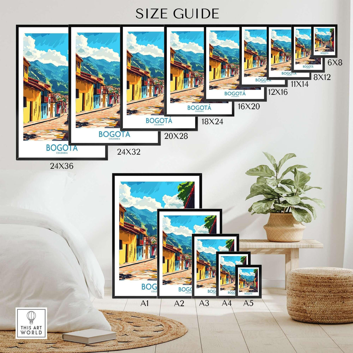 Size guide for Bogota Art Print showcasing various frame sizes and vibrant street art in Colombia.