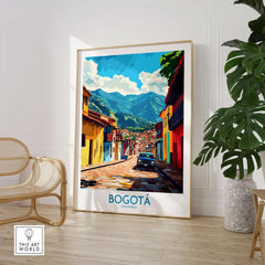 Bogota Art Print showcasing a colorful Colombian street scene with mountains in the background, perfect for decor.
