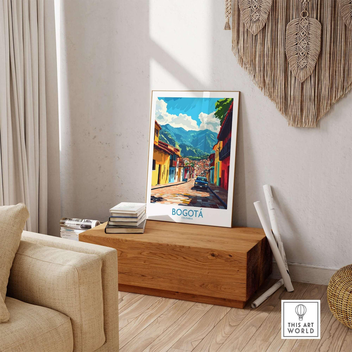 Bogota Art Print displayed in a stylish living room setting with vibrant colors and cultural elements.
