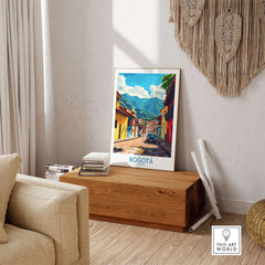 Bogota Art Print displayed in a stylish living room setting with vibrant colors and cultural elements.