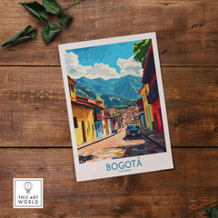 Bogota Art Print vibrant street scene depicting Colombian culture and mountains for home decor.
