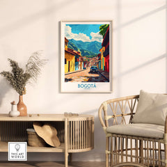 Bogota Art Print showcased in a stylish interior, highlighting vibrant colors and cultural essence of Colombia.