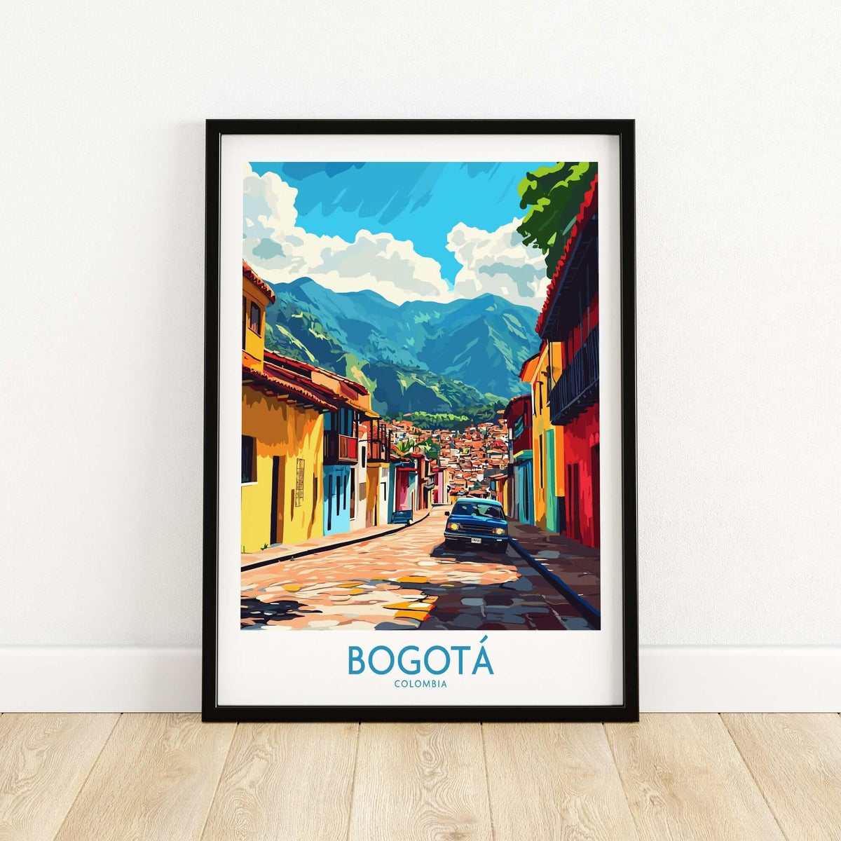 Bogota Art Print vibrant city scene of Bogotá, Colombia with colorful buildings and mountains in background.