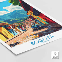 Bogota Art Print showcasing a vibrant street scene in Colombia with colorful buildings and scenic mountains.
