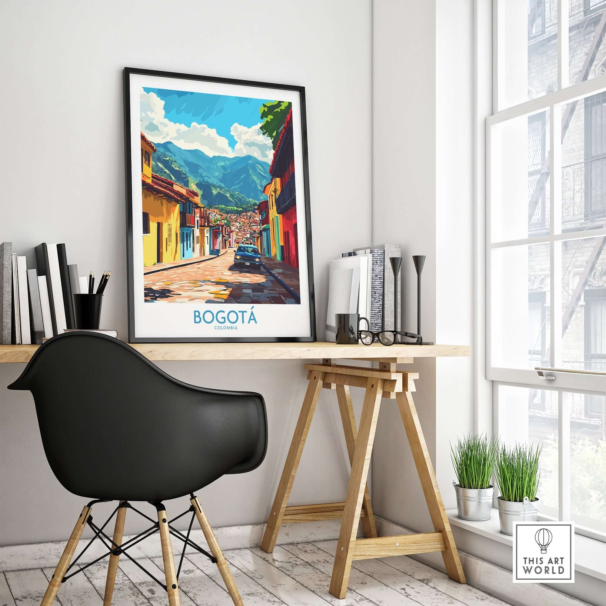 Bogota Art Print displayed in a modern workspace, showcasing vibrant colors and cultural essence.