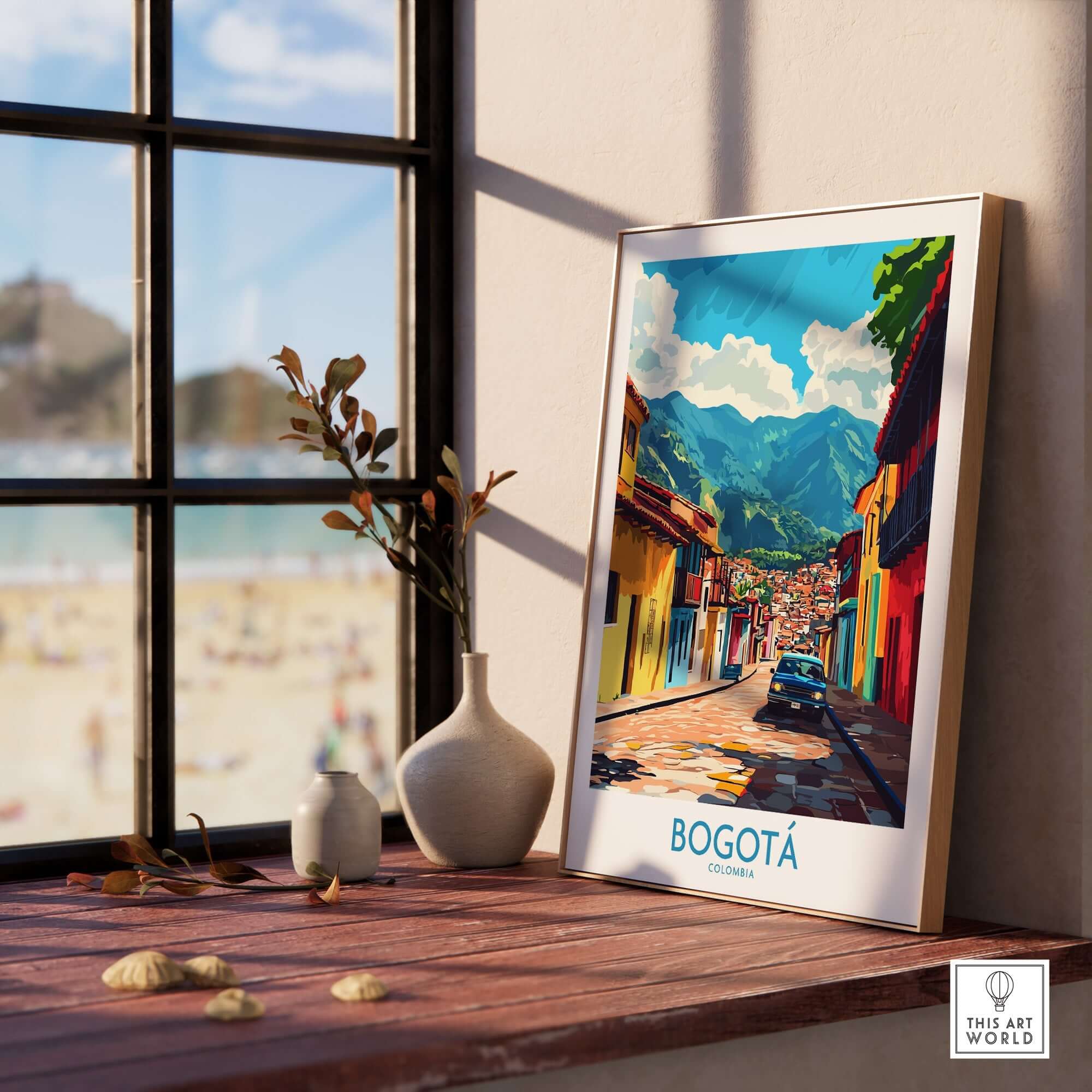 Bogota Art Print showcasing vibrant colors and cultural essence in a framed display by a sunny window.