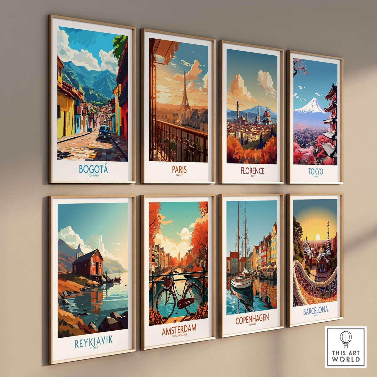 Bogota Art Print vibrant cityscape artwork with scenes from around the world, including Paris, Florence, and Tokyo.