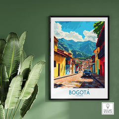 Bogota Art Print showcasing vibrant street scene and mountains, perfect for adding a cultural touch to your home decor.
