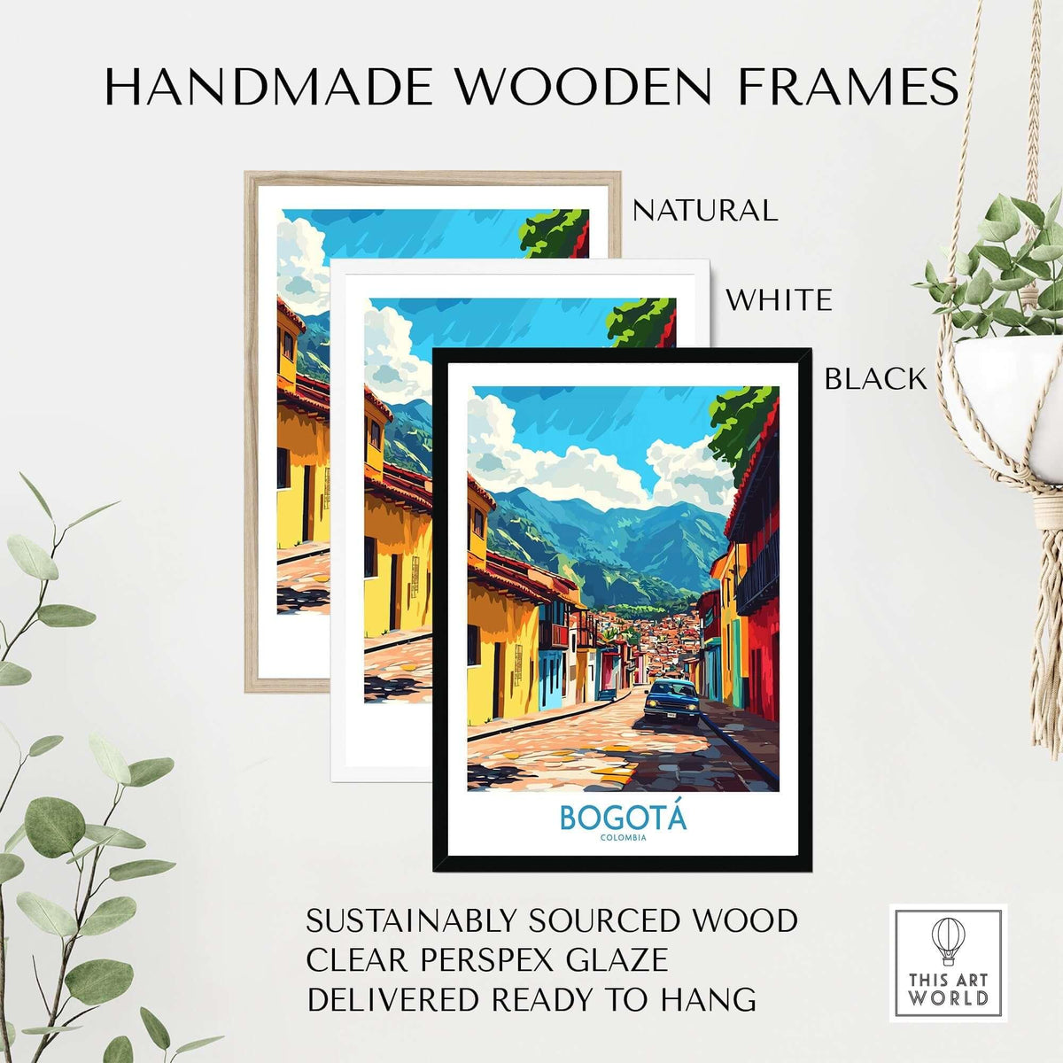 Bogota Art Print displayed in three handmade wooden frames: natural, white, and black, showcasing vibrant city colors.
