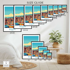 Size guide for Bogota Poster showcasing various dimensions of the vibrant city's skyline art print.
