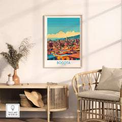 Bogota Poster showcasing vibrant city skyline with colorful architecture in a stylish living room setting.