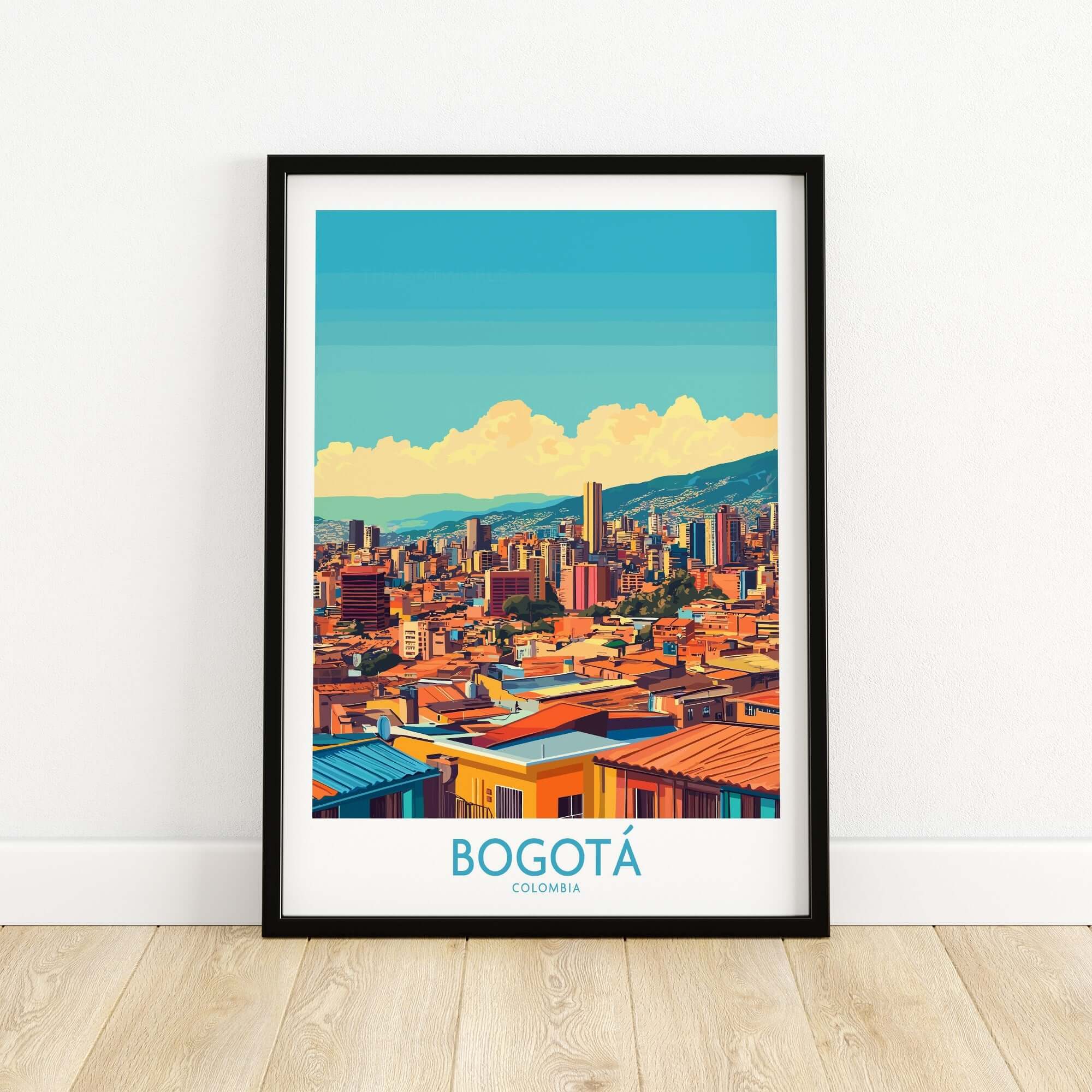 Bogota Poster showcasing a colorful view of Bogota's skyline and vibrant architecture in a stylish frame.