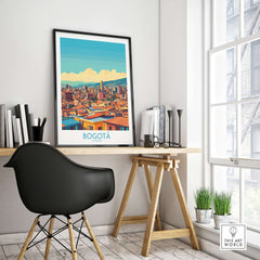 Bogota Poster displayed in a stylish workspace, showcasing the vibrant skyline of Bogotá.