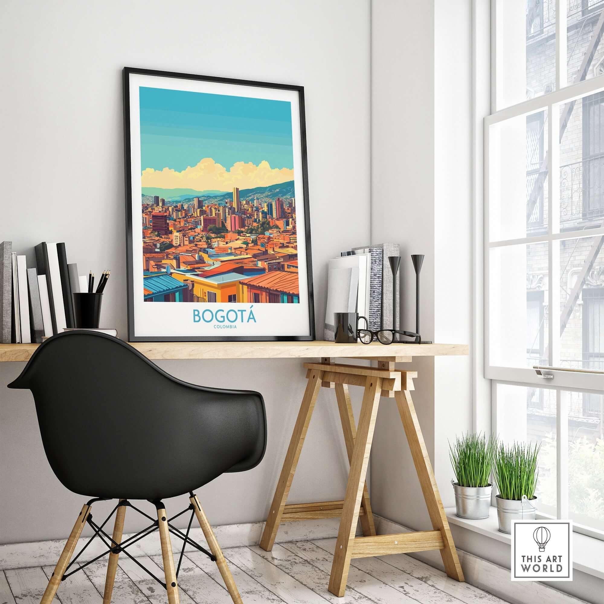 Bogota Poster displayed in a stylish workspace, showcasing the vibrant skyline of Bogotá.