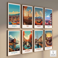 Vibrant wall display of city posters including Bogota Poster among others, showcasing iconic skylines and culture.