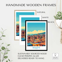 Bogota Poster in handmade wooden frames including natural, white, and black options for wall decor.