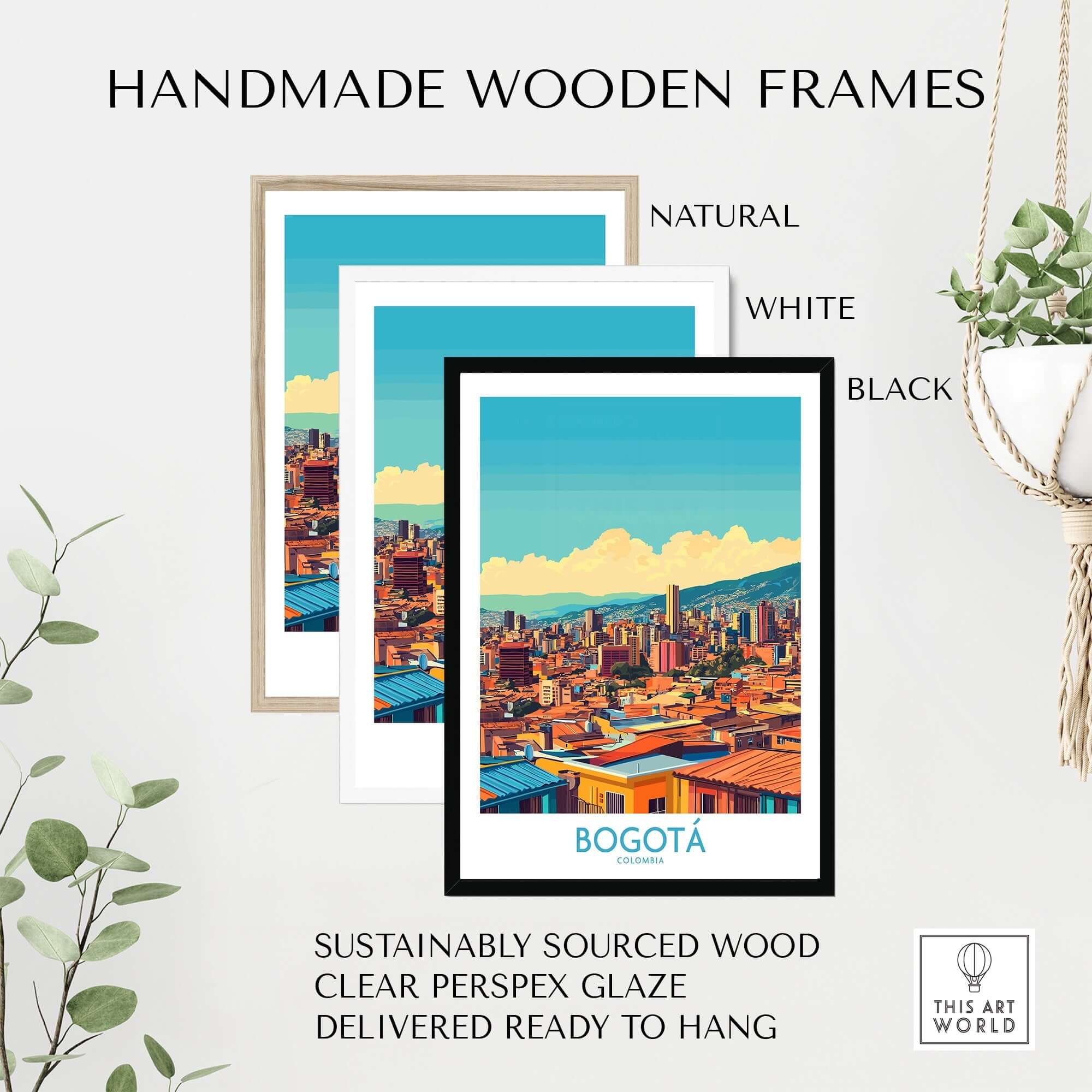 Bogota Poster in handmade wooden frames including natural, white, and black options for wall decor.