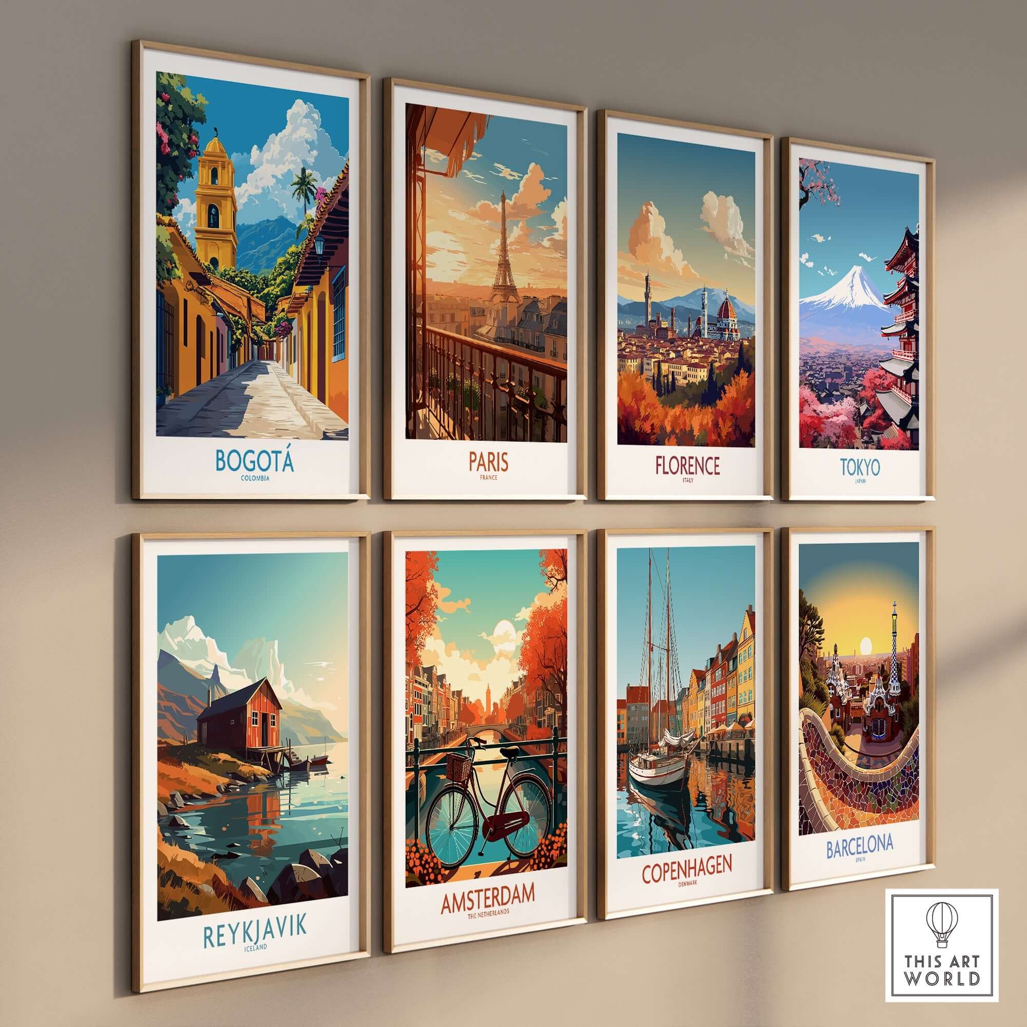 Bogota Poster Colombia featuring vibrant cityscapes and travel destinations, perfect for wall decor.