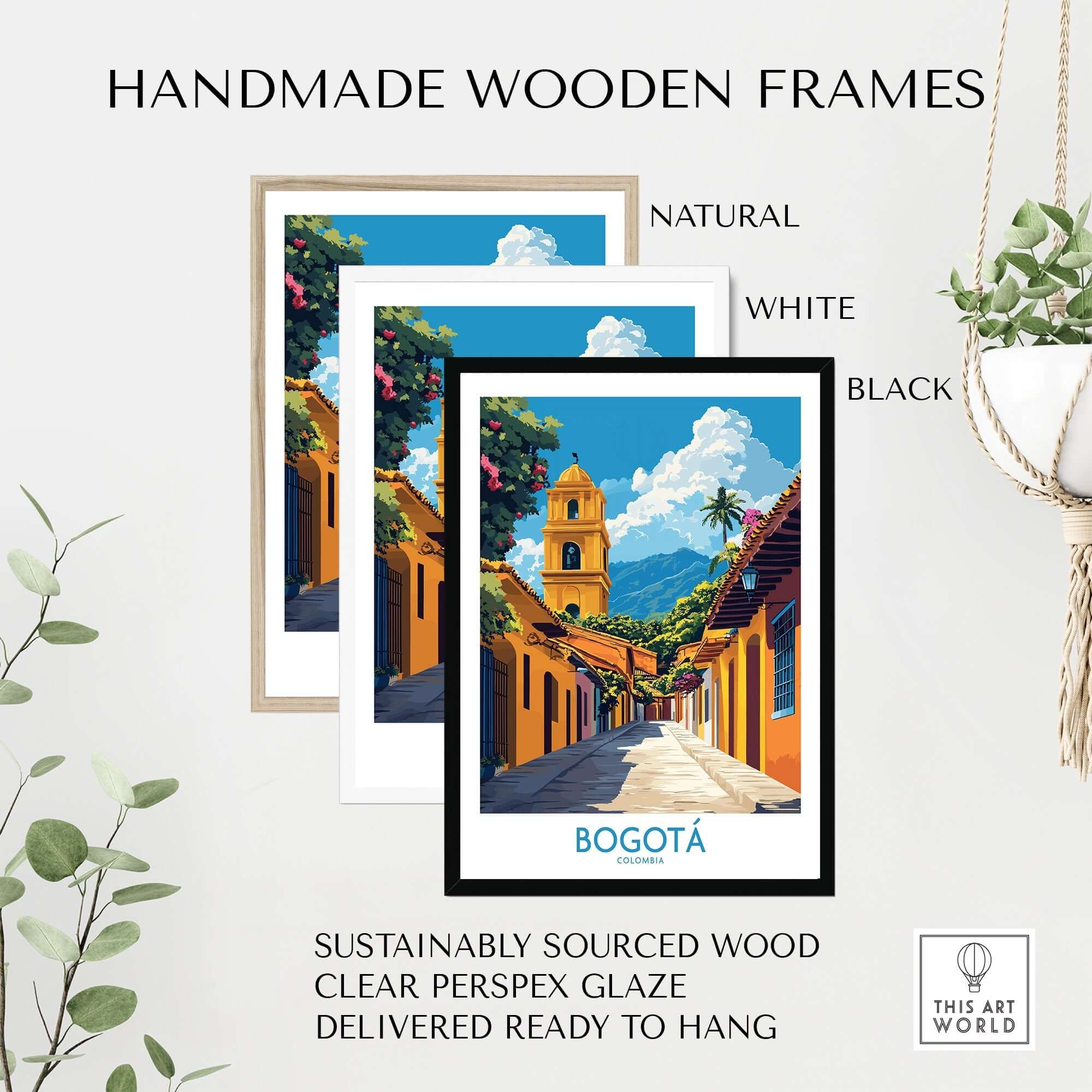 Bogota Poster Colombia displayed in handmade wooden frames in natural, white, and black finishes.