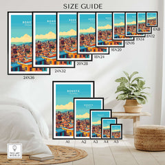 Size guide for Bogota Print showcasing various frame sizes and vibrant design features.