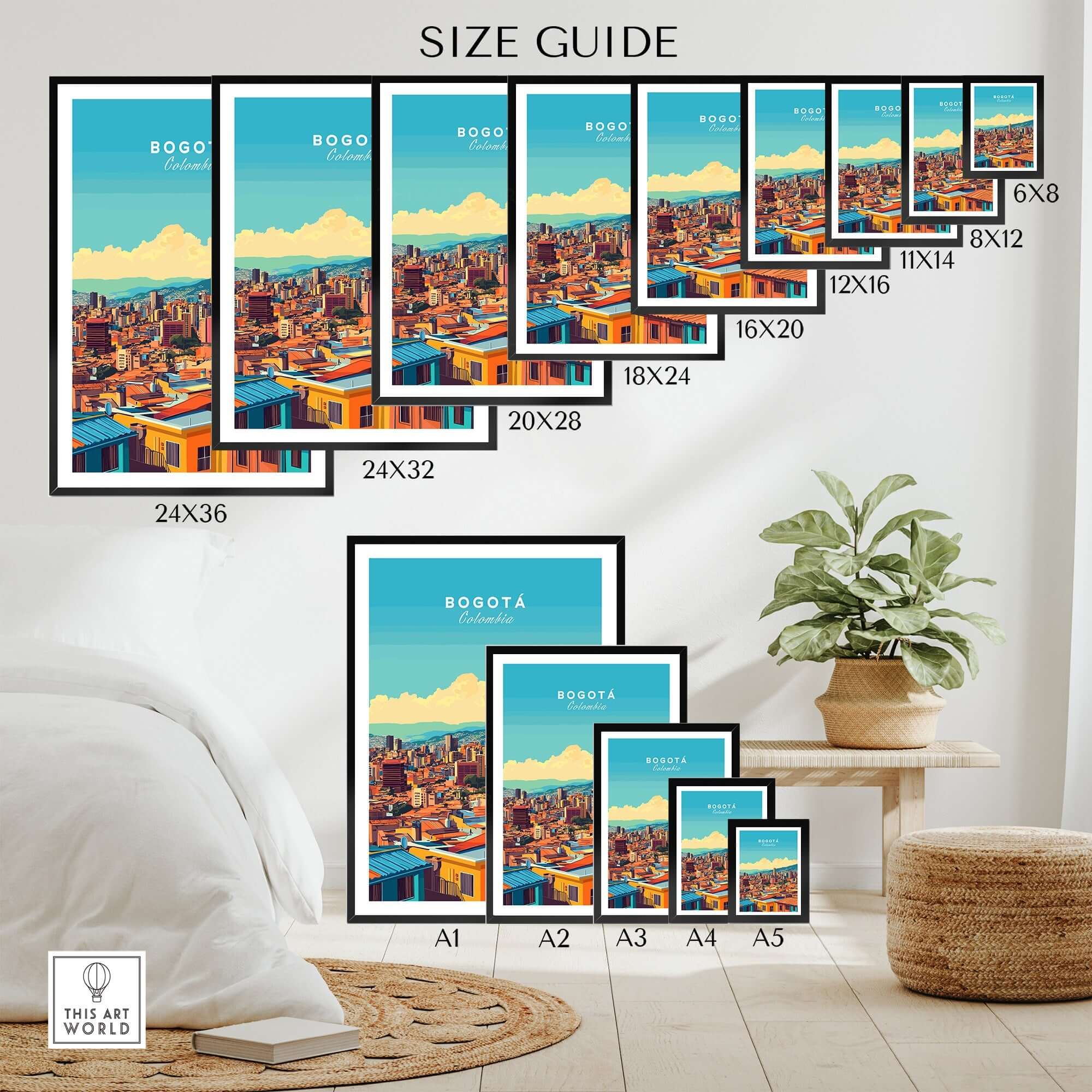 Size guide for Bogota Print showcasing various frame sizes and vibrant design features.