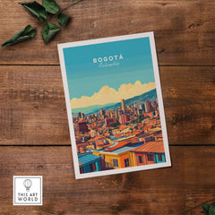 Bogota Print - Colorful travel poster depicting the vibrant cityscape of Bogota, Colombia on a rustic wooden background.
