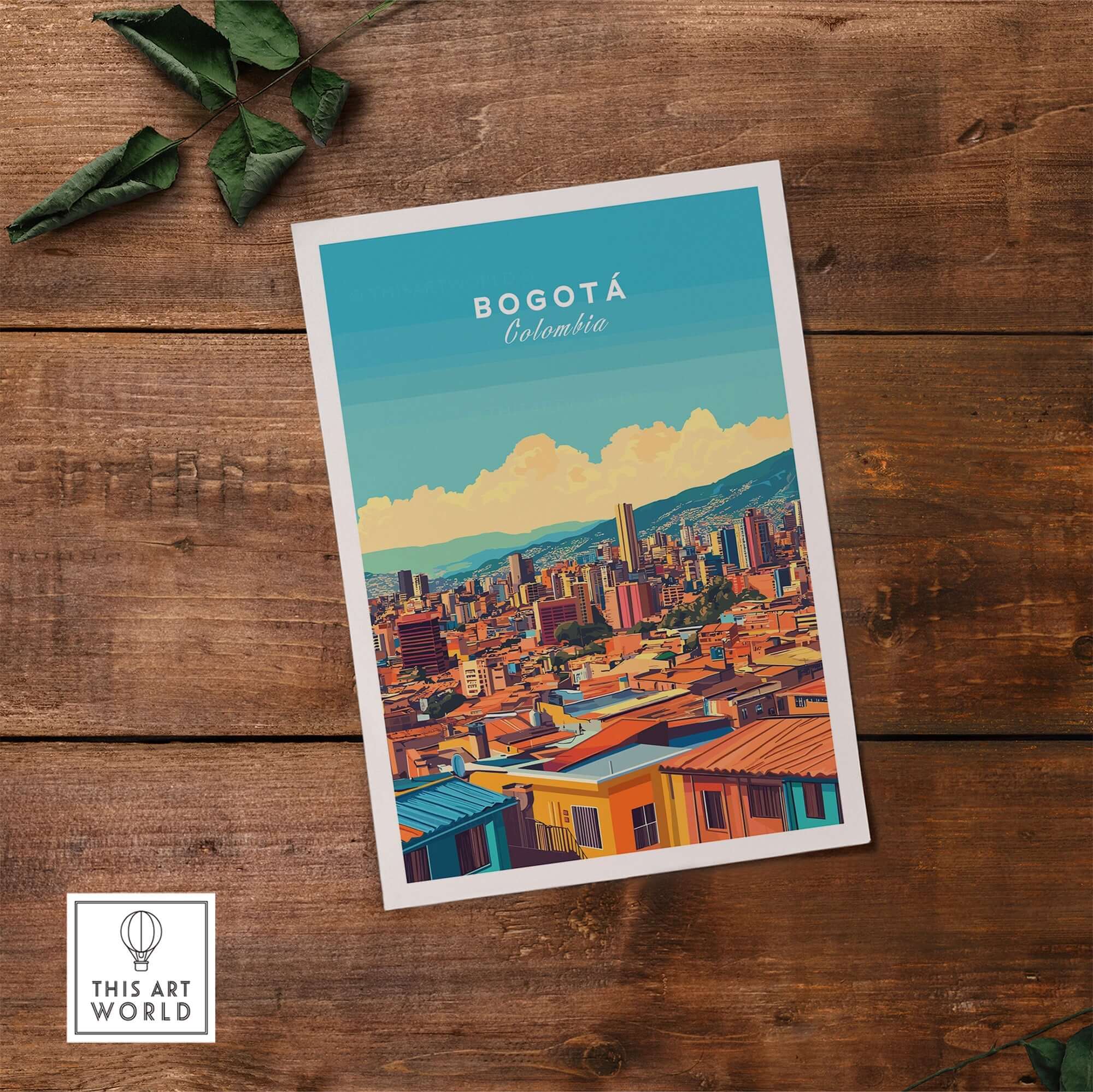 Bogota Print - Colorful travel poster depicting the vibrant cityscape of Bogota, Colombia on a rustic wooden background.